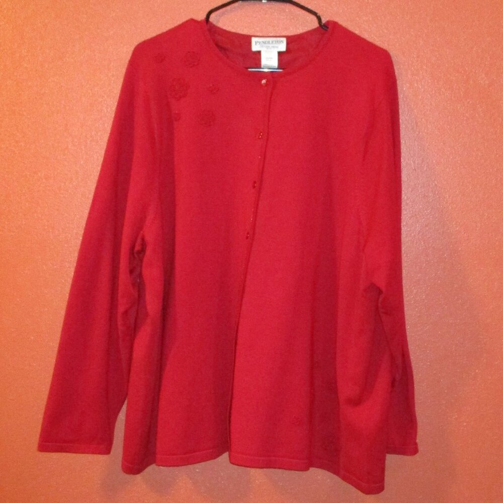 Pendleton Sweater Woman 1X Red Floral Button Long Sleeve Cardigan Sweater